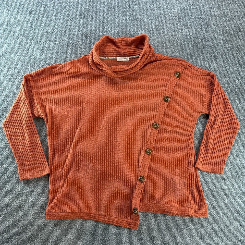 Retrology Womens 1X Rust Orange Ribbed Cowl Neck Asymmetrical Button Top Cottage - Picture 1 of 6